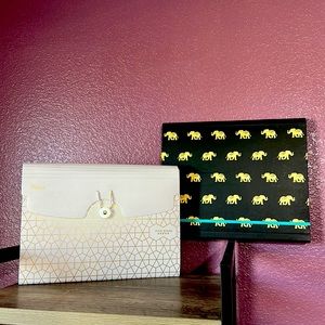 Two expanding file folders, elephants & art design, gold/black & gold/white